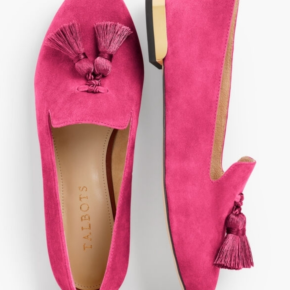 NWT Talbots Black Everson Kiltie Pink Suede Tassel Loafers 5.5M